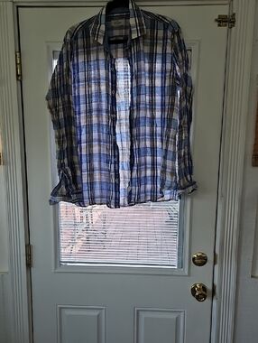 AGB Men's Blue White and Brown Plaid Button-Down Shirt